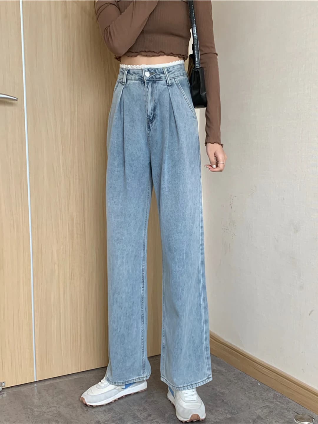 Ayollar uchun bahor-yoz keng va klesh jinsi shim, baland bel, bo'sh (oversize), koreys uslubida, nozik ko'rsatadigan, kundalik