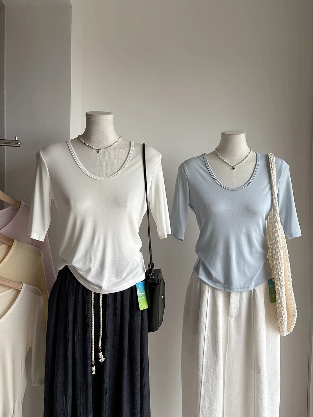 Women's summer Korean style thin slimming slim fit solid colour U-neck short sleeve t-shirt