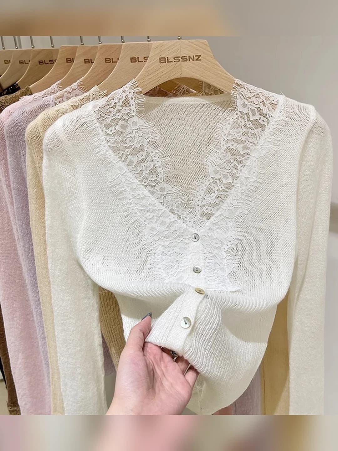 Women's lace knit cardigan, V-neck, long sleeve, loose fit, cropped, button closure, autumn