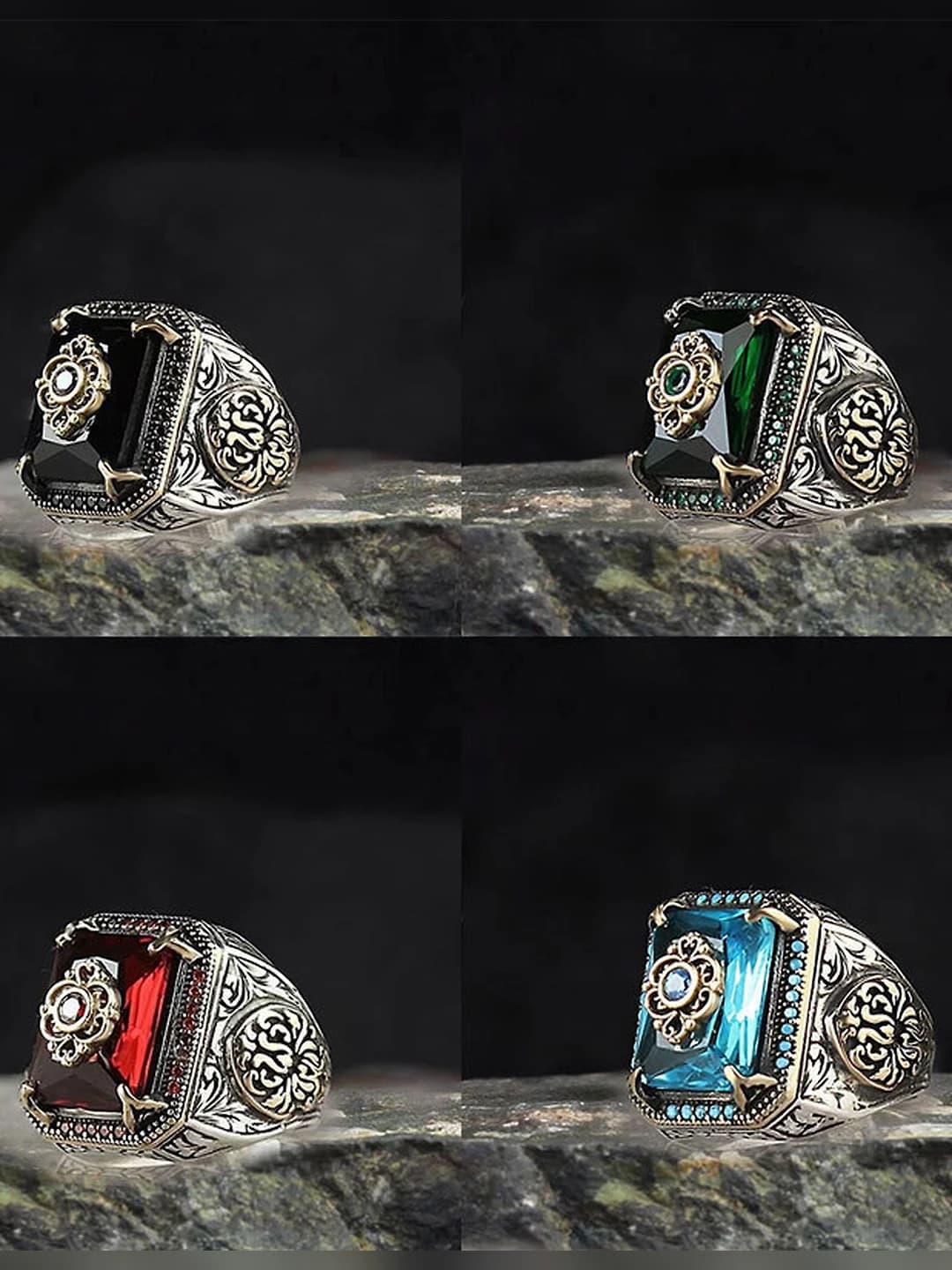 Retro ring with stones, geometric shape and floral pattern in punk and hip-hop style for men and women