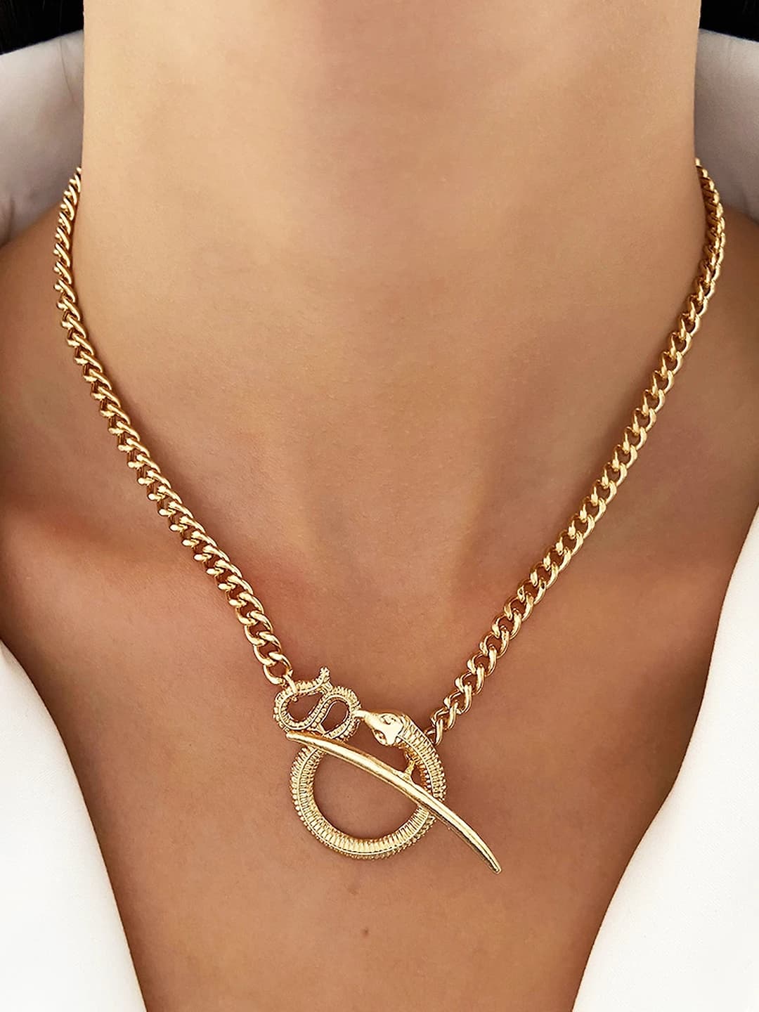 Women's retro snake pendant necklace, O-link chain with OT clasp, 41-50 cm