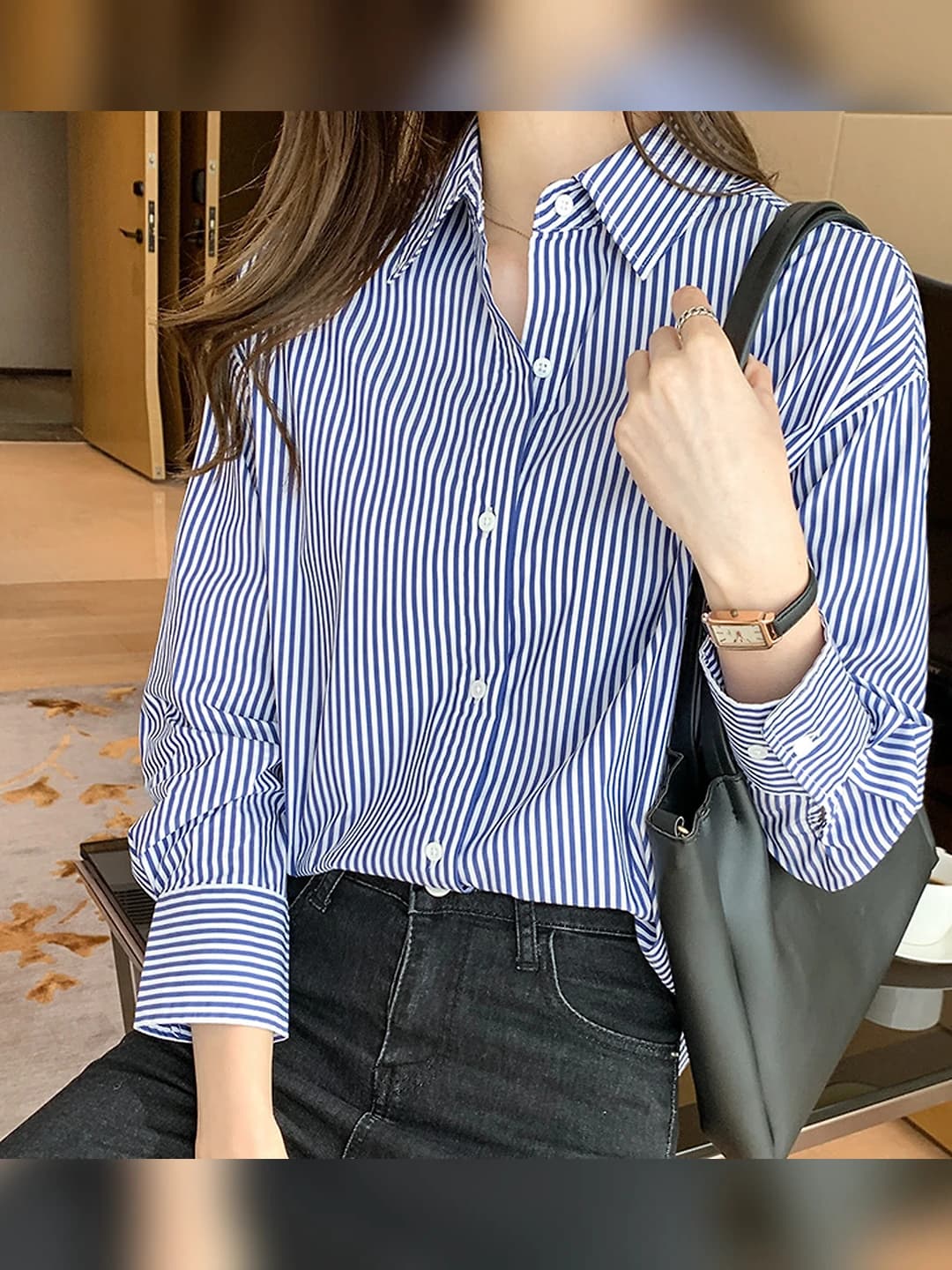 Ayollar uchun chiziqli, bo'sh (oversize) uzun yengli ko'ylak-shirt, 2026 bahor, koreys uslubida, 95%+ paxta