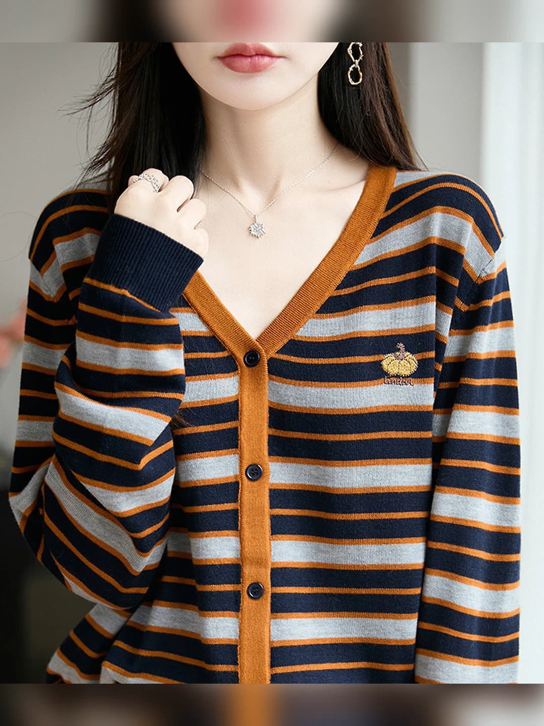 Women's wool cardigan, crew neck, long sleeve, striped, embroidered, spring-summer