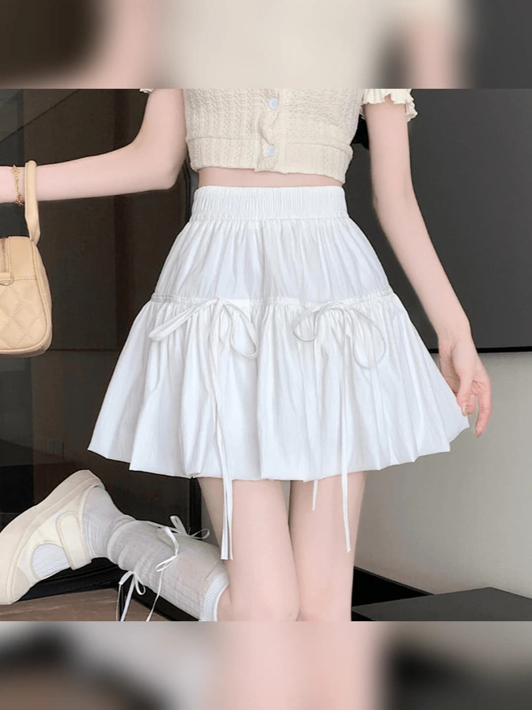 Women's white high-waist A-line mini skirt, summer 2026, 3D pattern, stretch, casual style