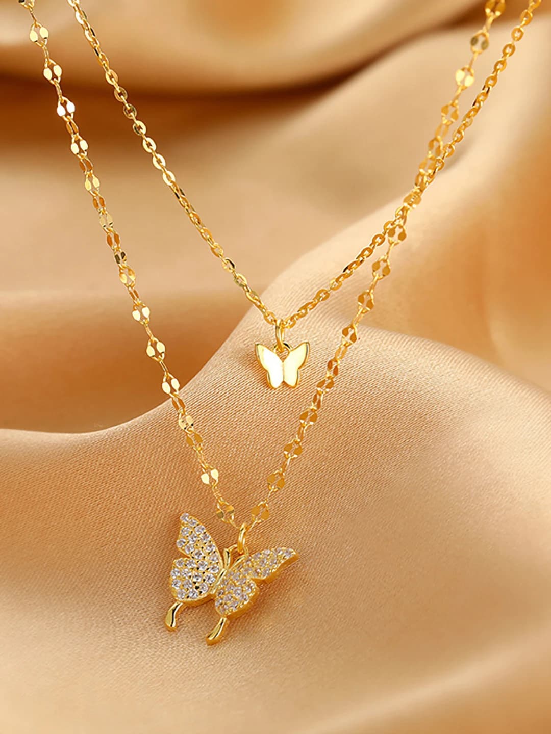 Women's two-layer sparkling stone butterfly necklace in simple and cute style