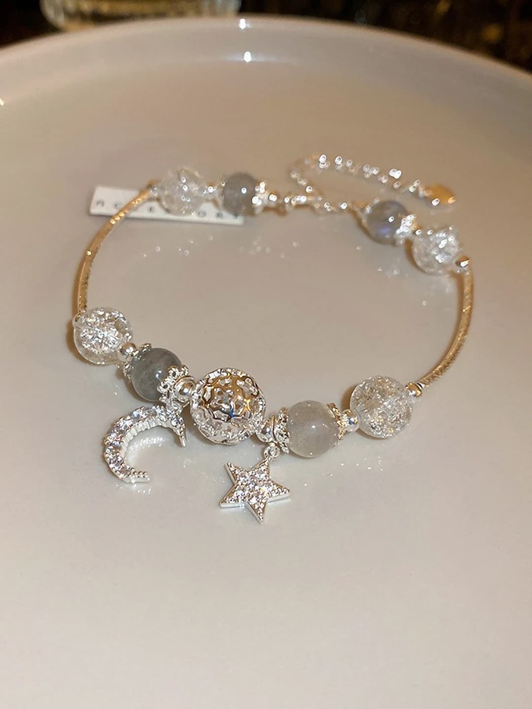 White bead diamond star moon glass bracelet