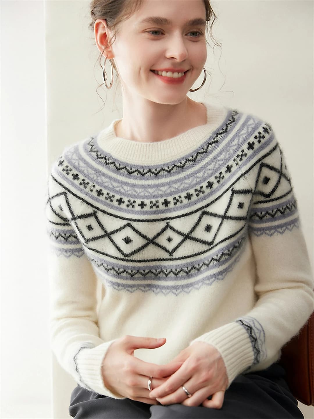 Женский свитер из кашемира с узором Fair Isle, круглый вырез, свободный крой, длинный рукав, утеплённый, вязаный джемпер