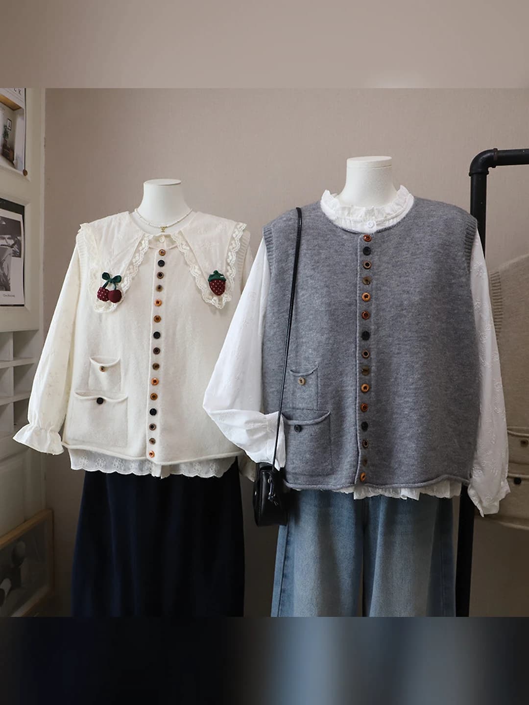 Women's 2026 early spring Korean style crew neck cardigan vest with colorful buttons, loose fit