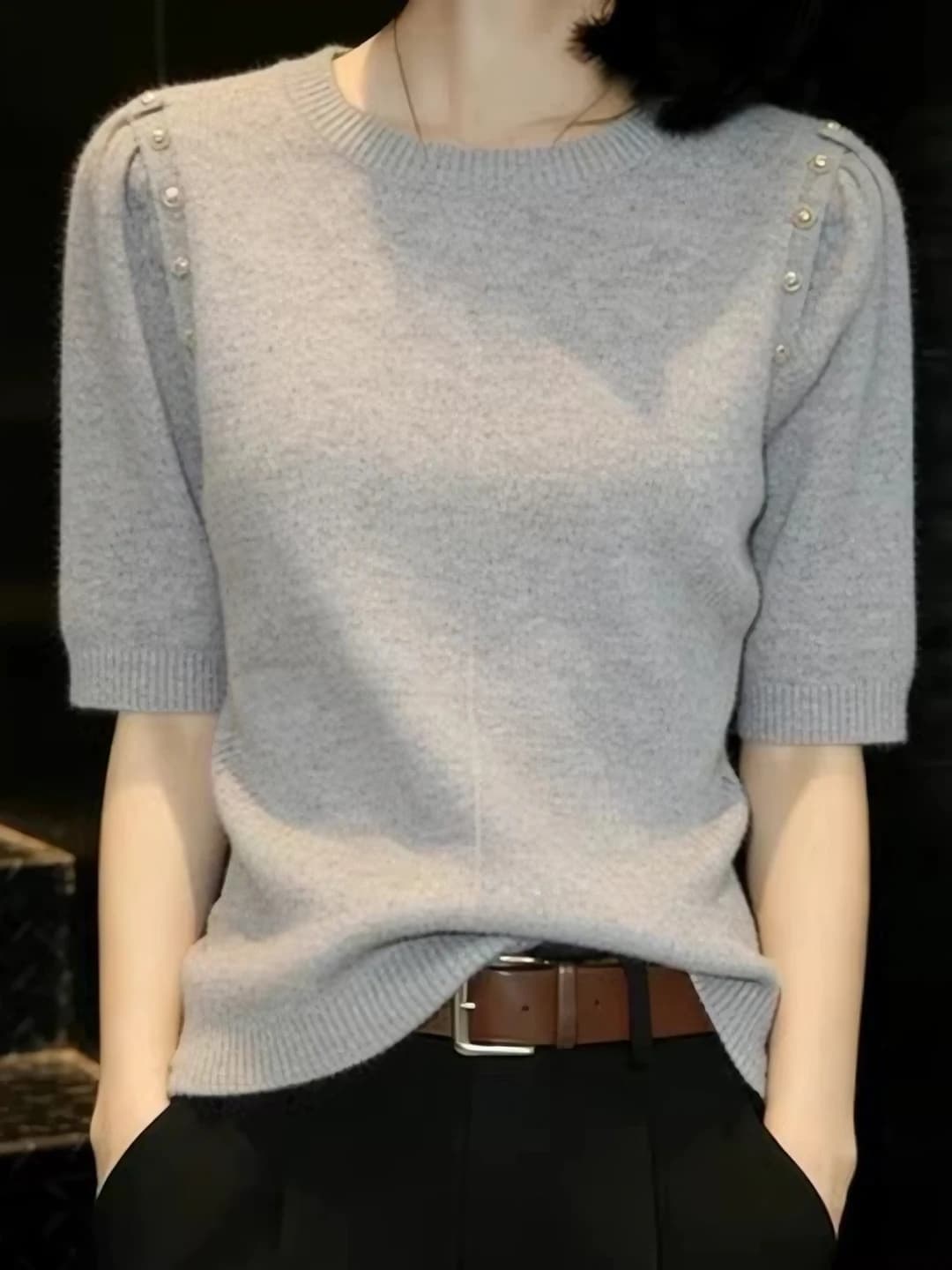 Women's retro crew neck short sleeve knit top, spring-summer, solid colour, loose fit, slimming
