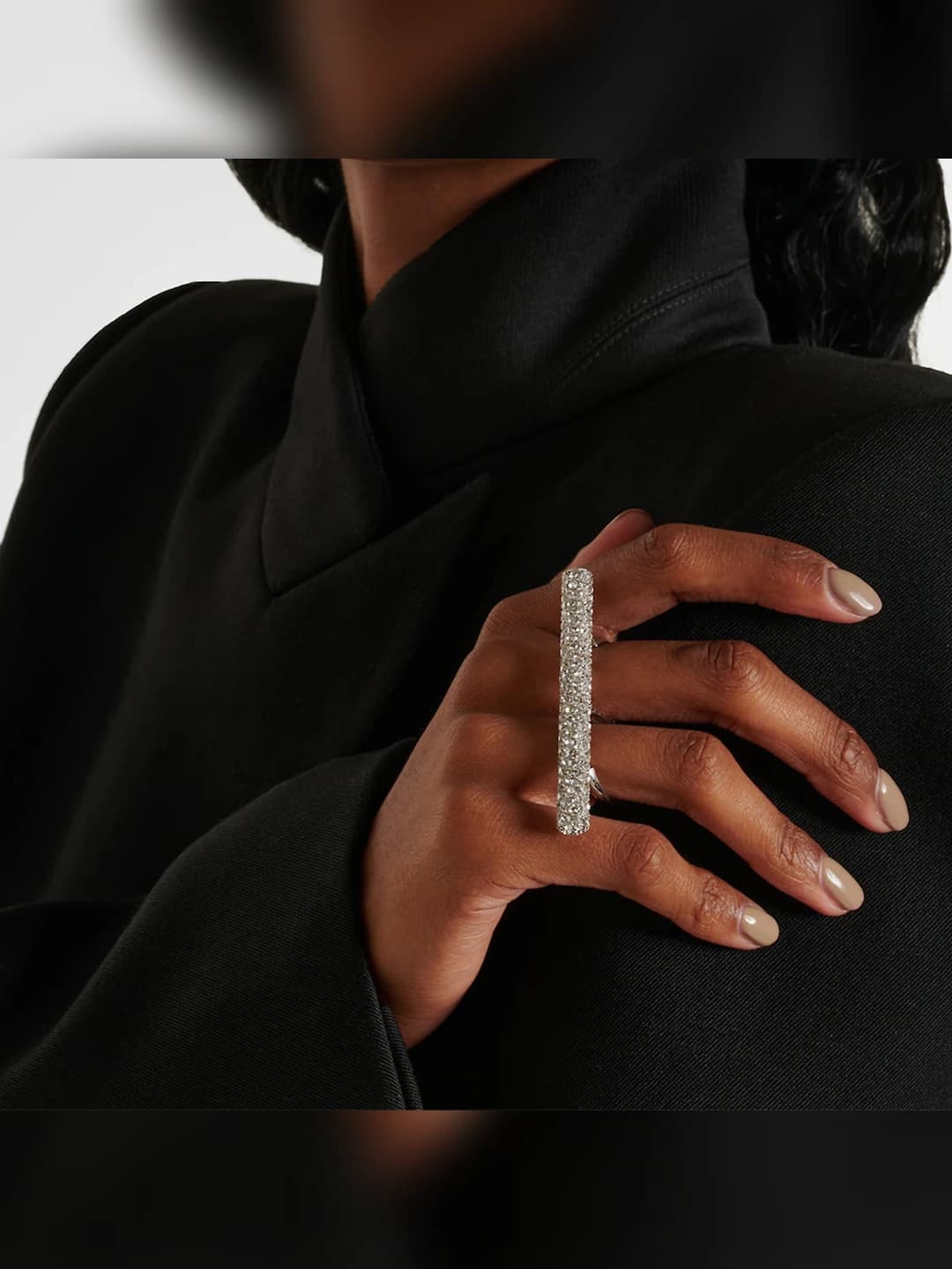 Women's geometric rhinestone ring, adjustable, two-finger, sparkling