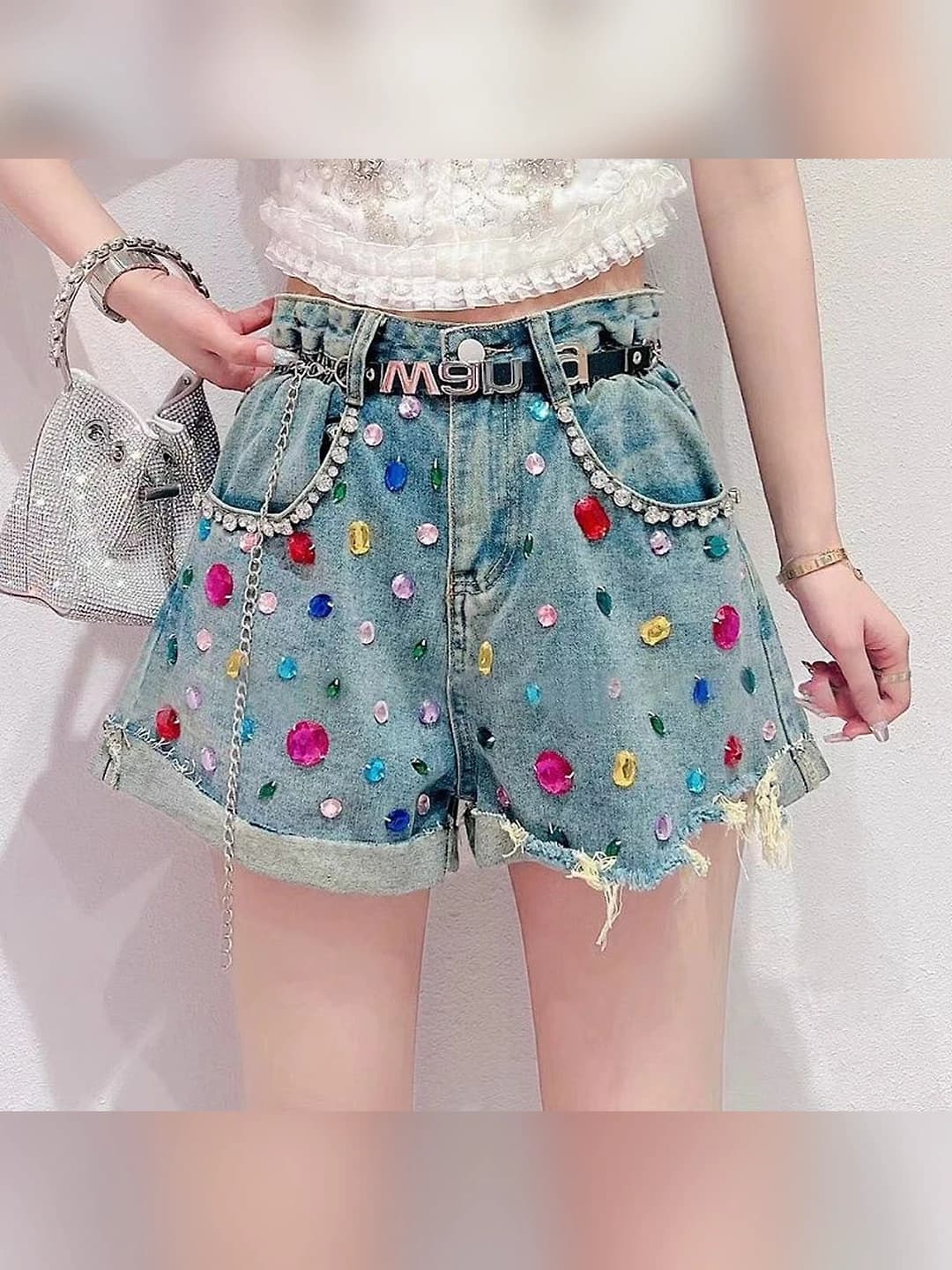 Women's rhinestone denim shorts, wide-leg, high waist, loose fit, A-line, embroidered, summer 2026