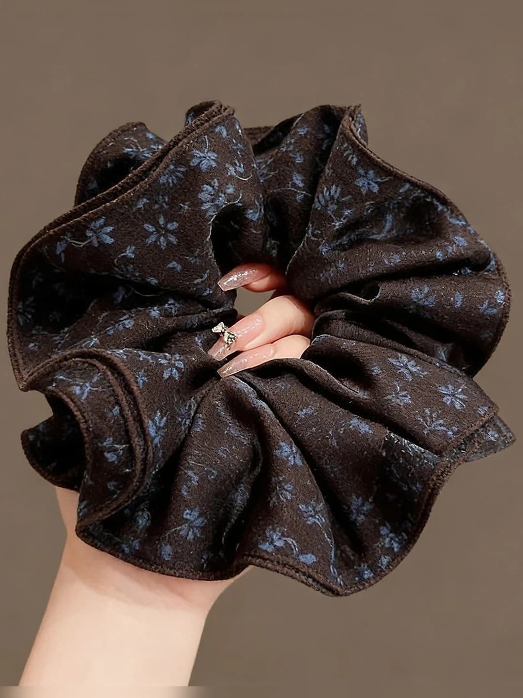 3# Brown retro navy floral 4-layer large hair tie ~16 cm