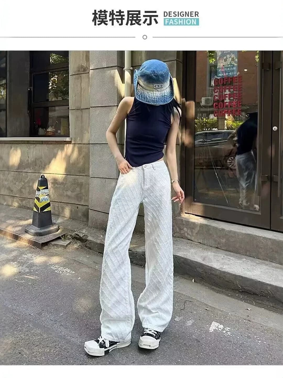 Ayollar uchun oq rangli jinsi shim, baland bel, bo'sh (oversize) kesim, to'g'ri kesim, uzun shim, bahor-kuz uchun, past bo'ylilar uchun