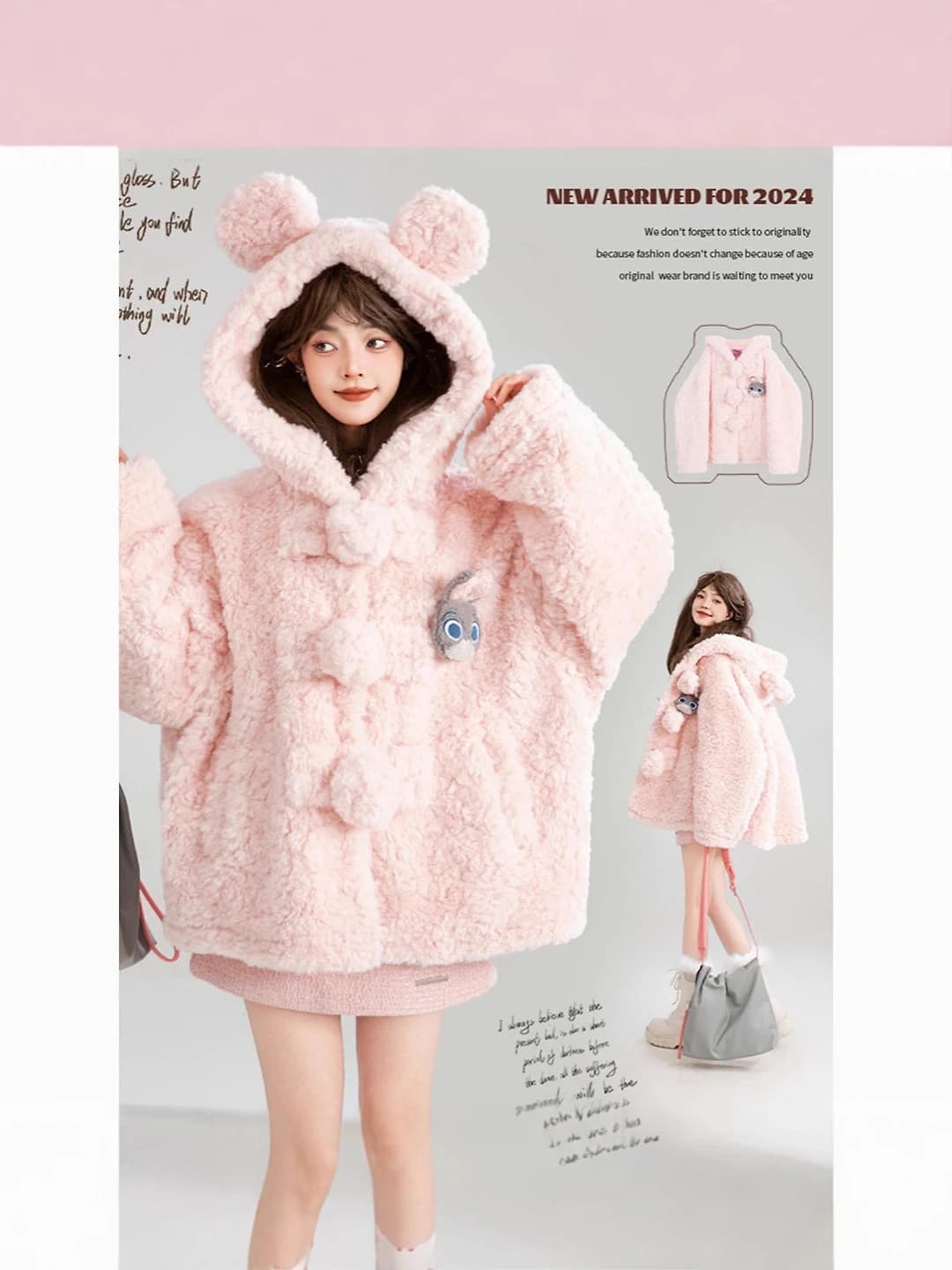 Women's 2026 winter sweet pink hooded lamb-fleece sweatshirt, loose fit, long sleeve, mid-length, warm, casual style