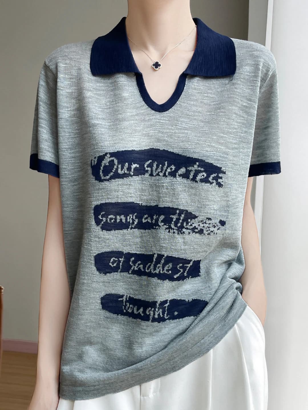 Women's summer polo t-shirt, short sleeve, lapel collar, loose fit, letter print