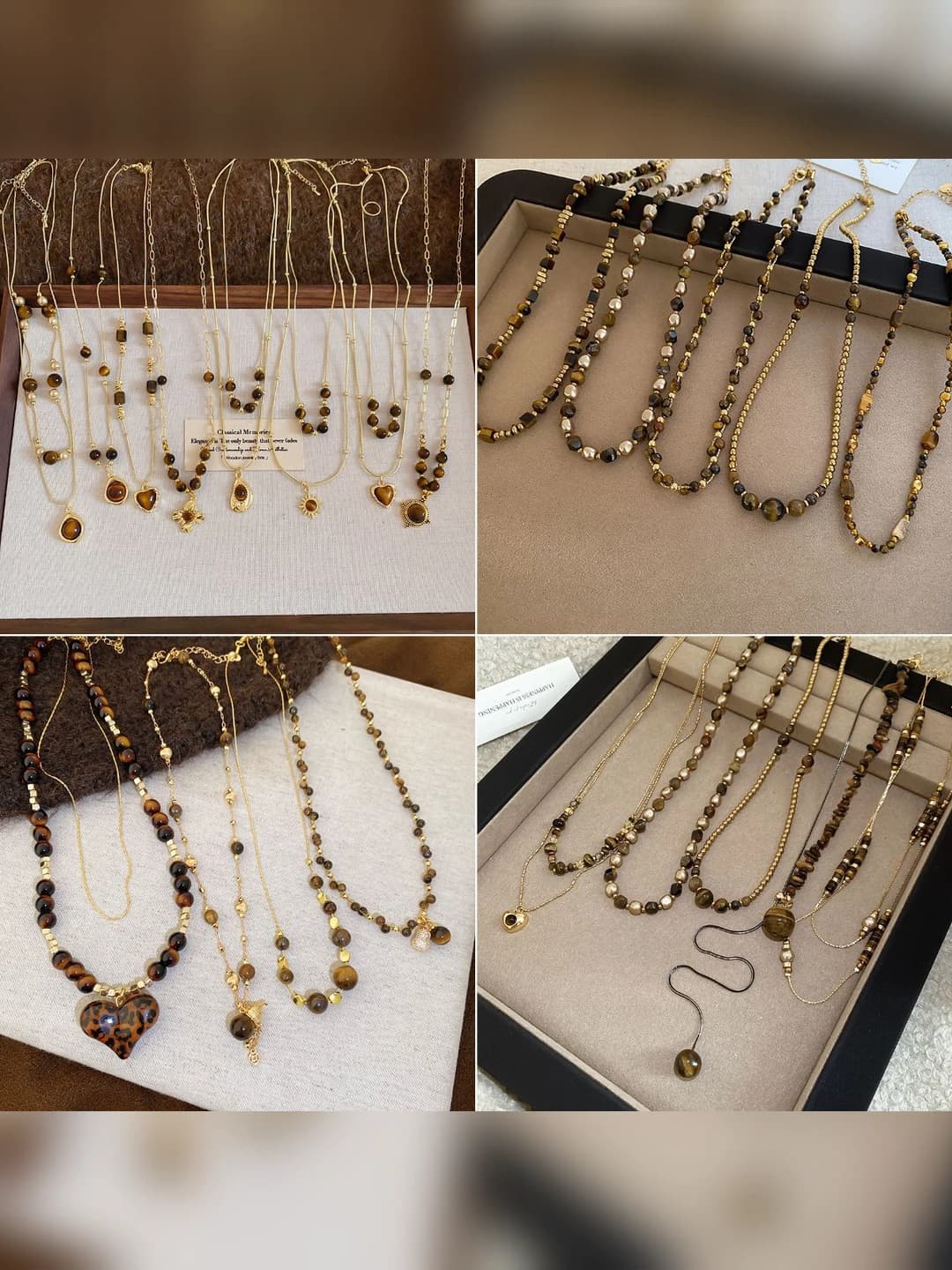 Women's tiger eye beaded necklace with round pendant, retro style, sweater chain, casual and simple design