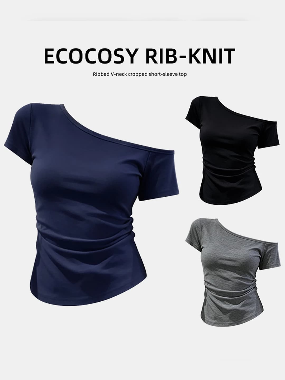 Women's off-shoulder short-sleeve top, slim fit, slimming, solid colour, cropped, side ruching, 93% viscose, 7% elastane