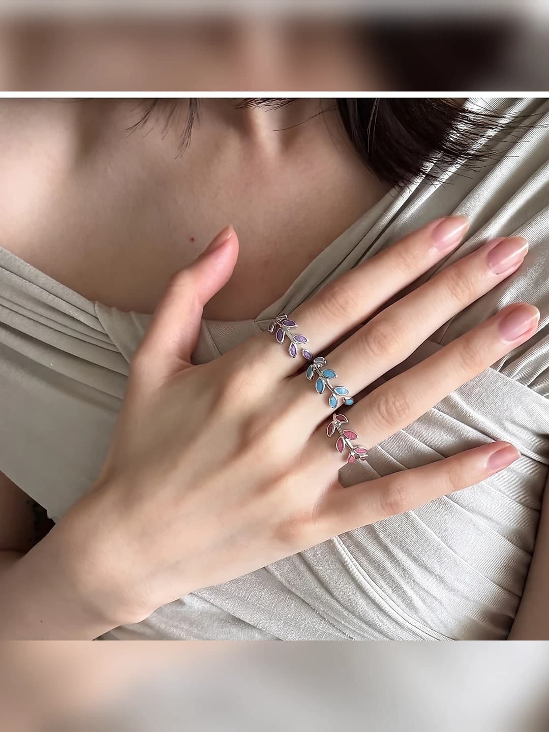 Women's open ring with olive leaf design and silver-plated copper