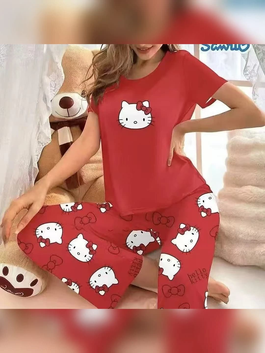 Women's pajama set: thin fabric, crew neck, elbow-length sleeve, trousers, breathable, all-season