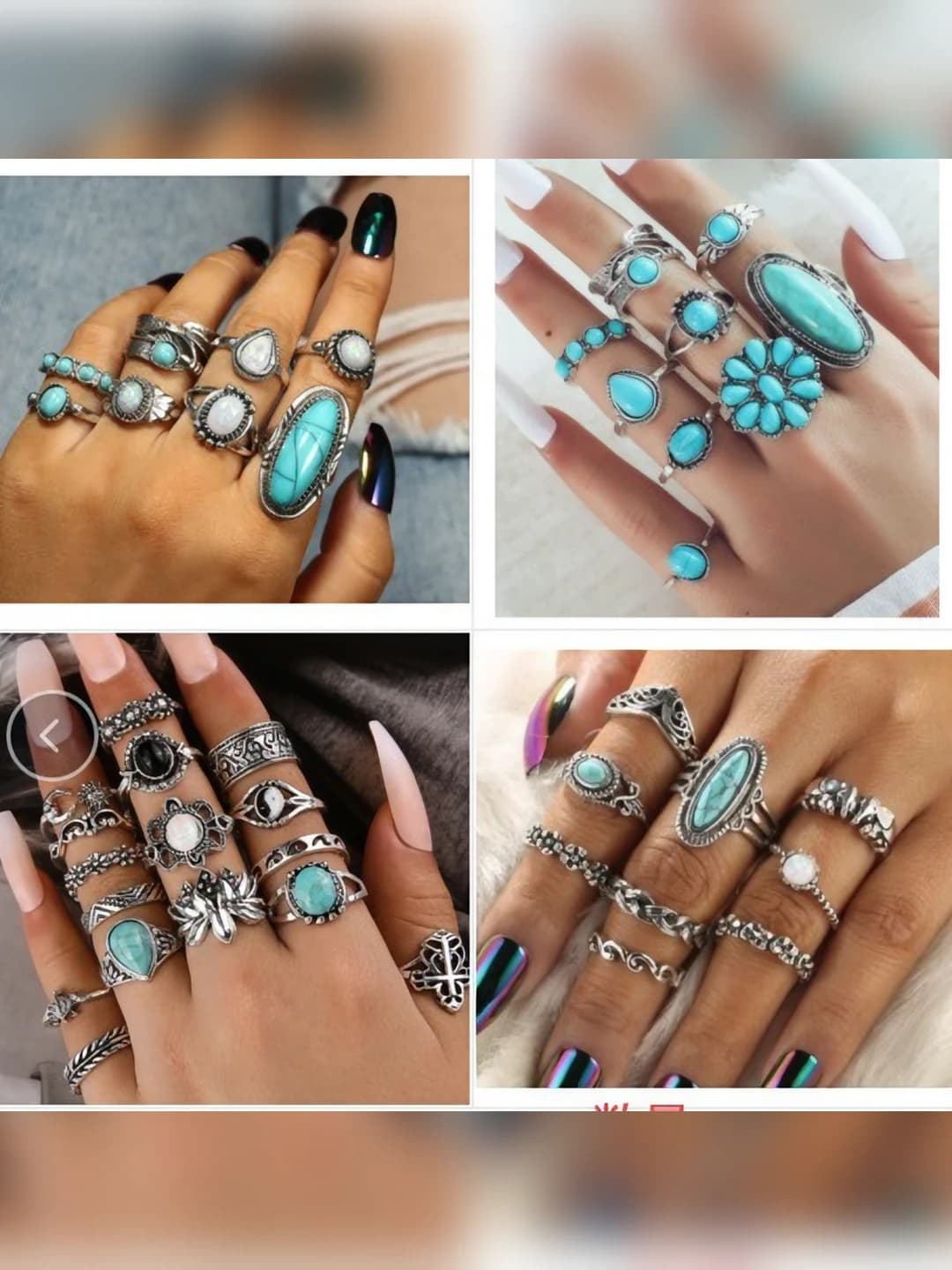 Retro ring with black stone and engraving for women, 16-piece set