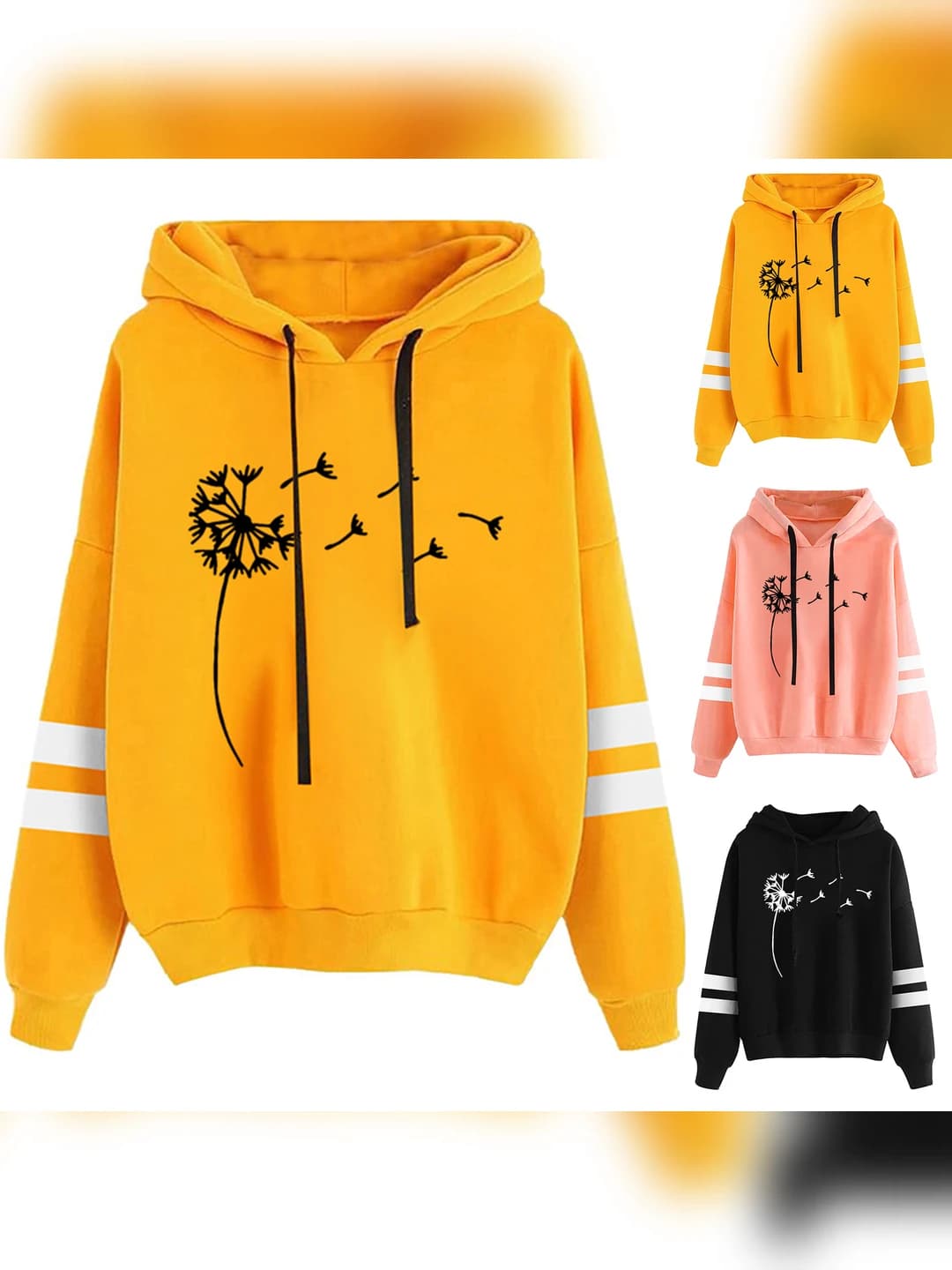Women's hoodie: long sleeve, loose fit, printed, floral pattern, medium thickness, 95% polyester