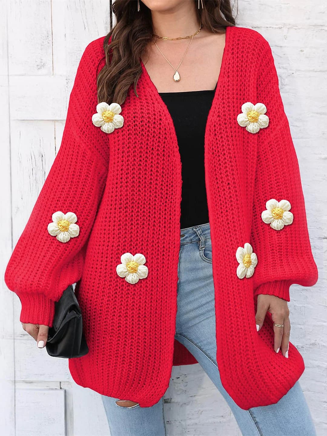 Women's autumn-winter floral loose fit cardigan, v-neck, long sleeve, buttonless, casual knit top