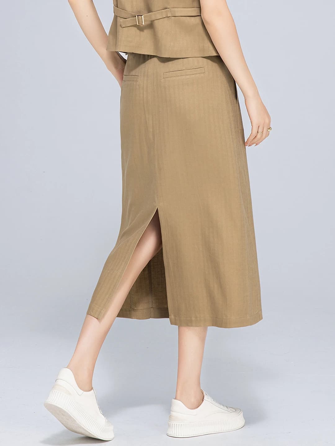 Women's 2026 spring-summer blazer skirt, Tencel and linen, sleeveless, side slit, straight cut, midi length