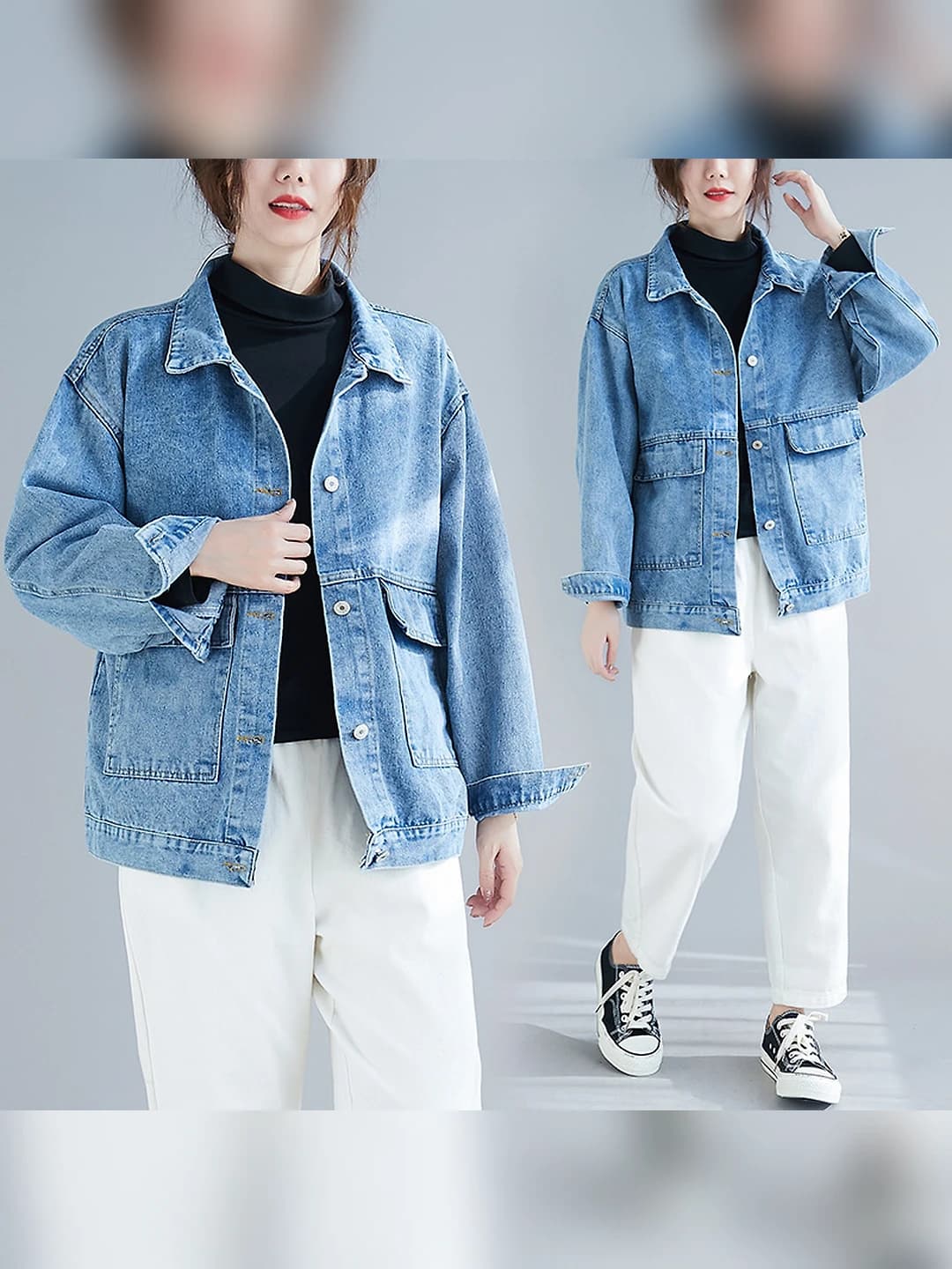 Women's spring-autumn Korean style loose fit slimming denim jacket, lapel collar, long sleeve, solid colour