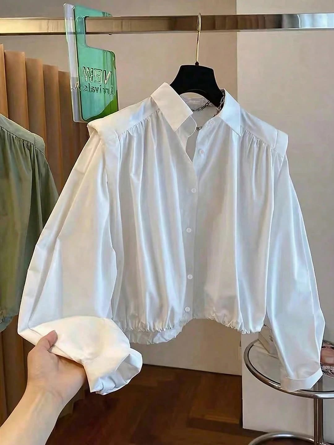 Women's 2026 spring-summer solid colour slim fit long sleeve POLO collar one-button woven blouse