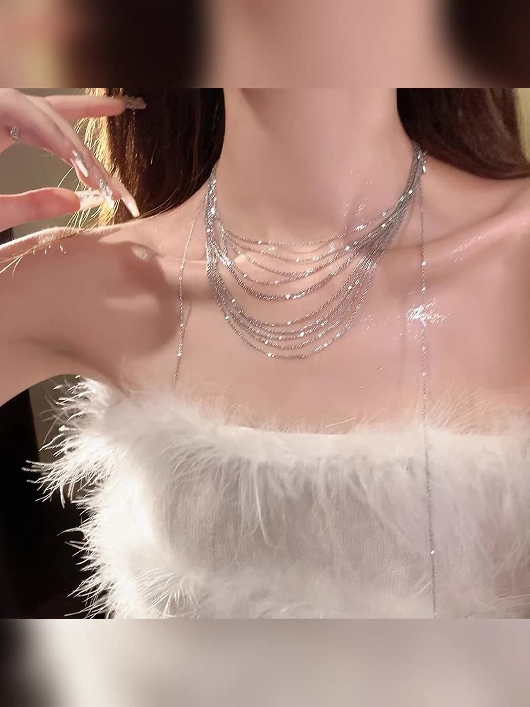 Women's multi-layer chain necklace, wave design, teardrop shape, geometric elements, 41-50 cm, light luxury style