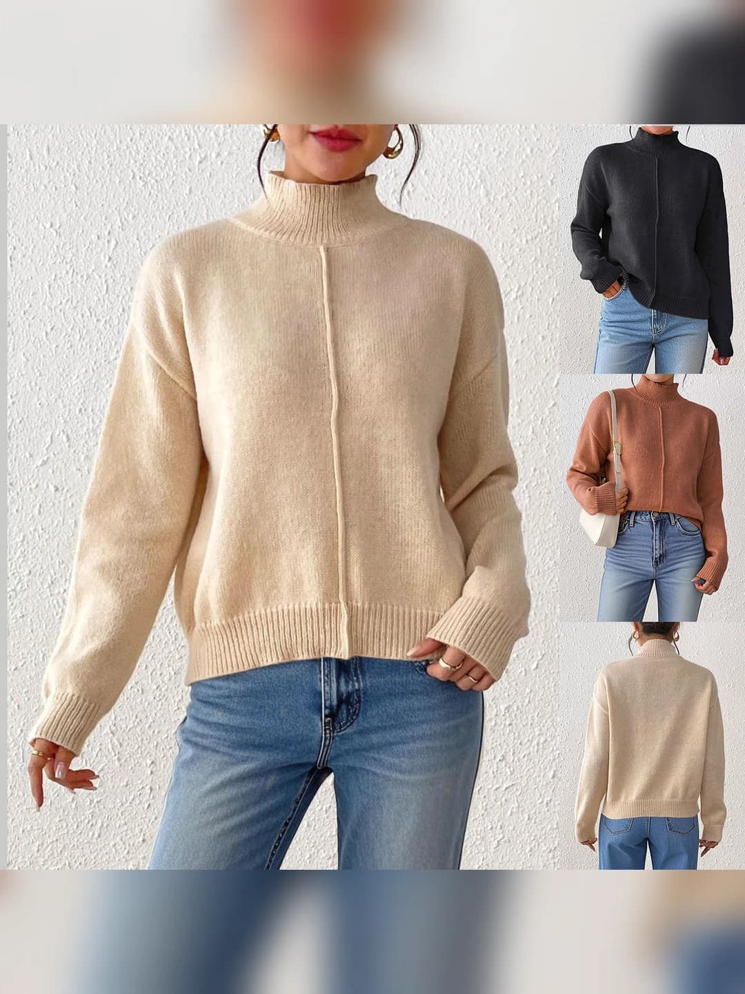 Women's casual sweater: autumn-winter, solid colour, mock neck, long sleeve, medium thickness, regular fit, deer fleece fabric