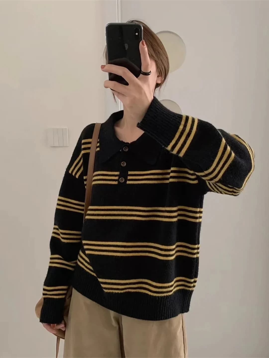 Women's 2026 autumn-winter striped knit top, loose fit, lapel collar, long sleeve, wool