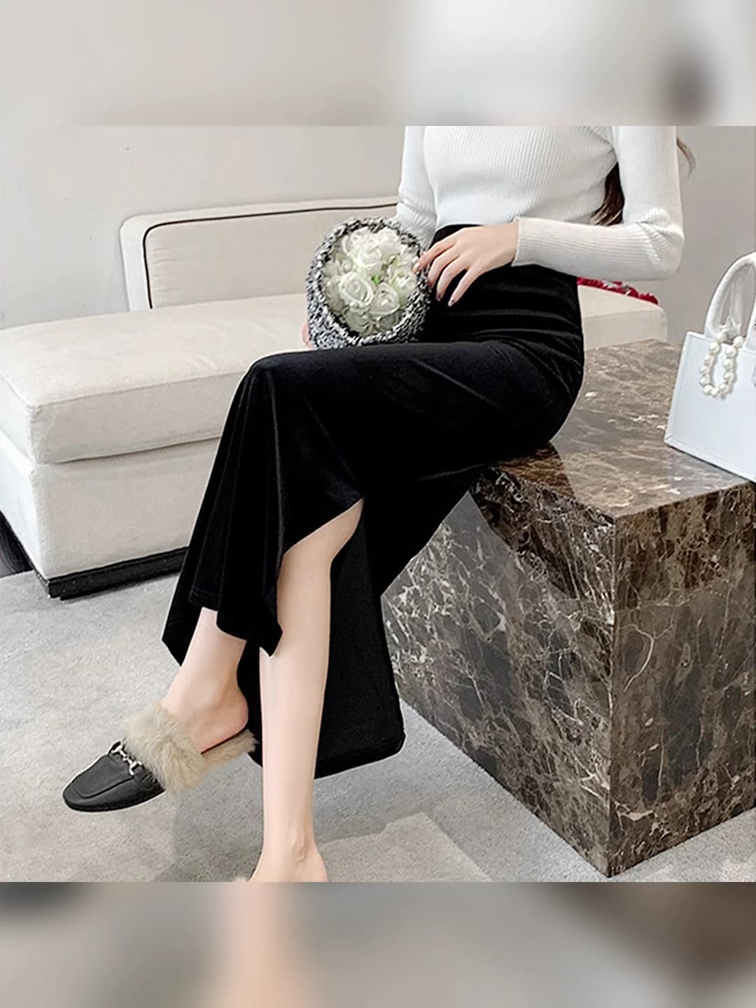 Women's 2026 spring-autumn velvet pencil skirt, high waist, retro, slimming, side slit, solid colour