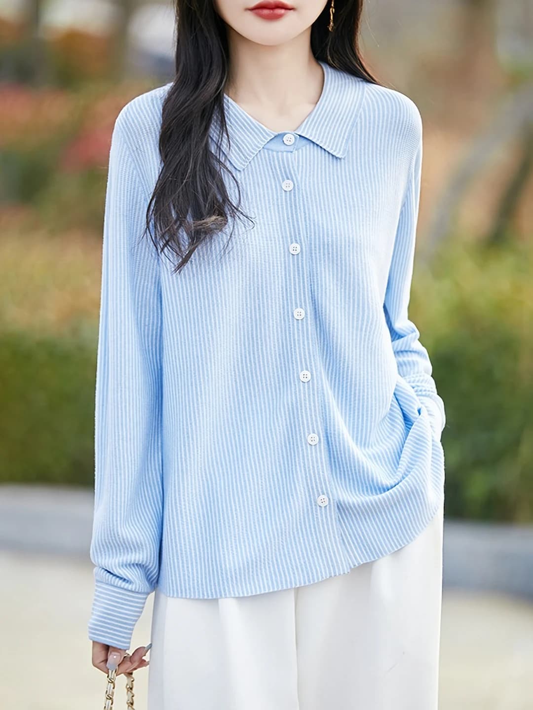 Women's 2026 spring-summer knit cardigan, POLO collar, striped, loose fit, thin, wool