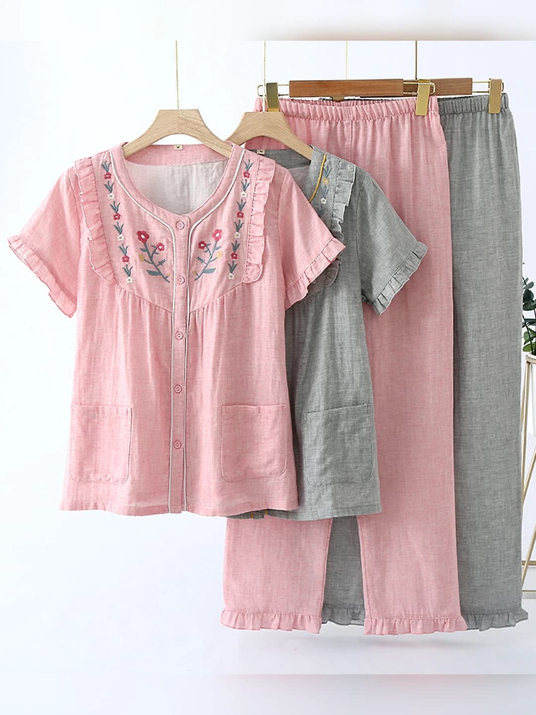 Ayollar uchun kashtali sof paxta pijama to'plami: yozgi, yupqa, dumaloq yoqa, yarim yeng, uzun shim, uy kiyimi