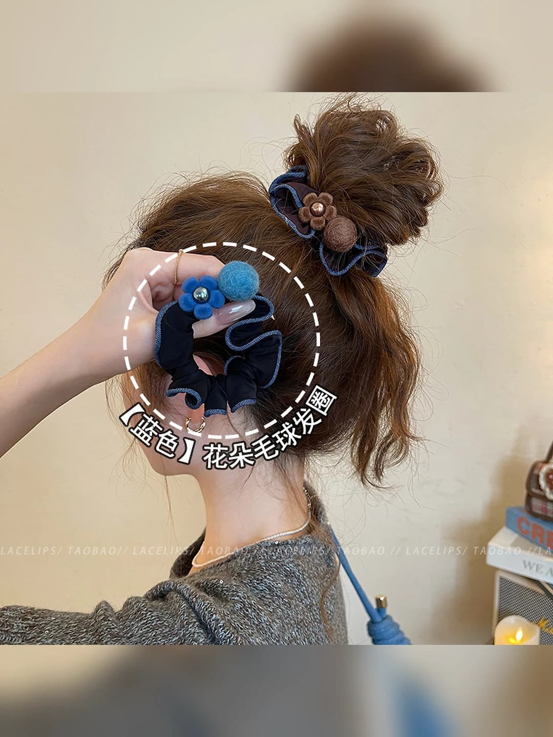 Blue ball pearl flower hair tie