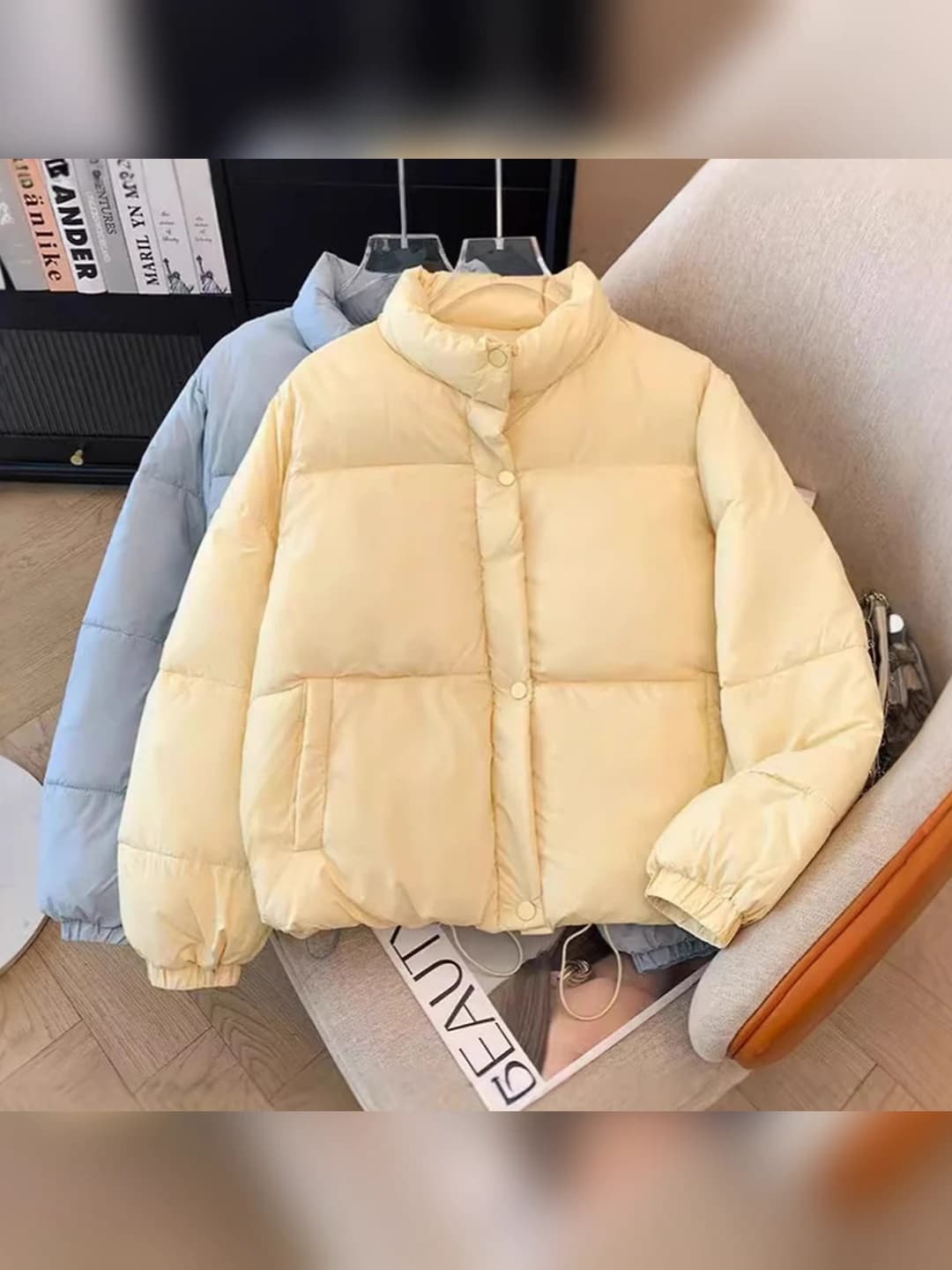 Women's short padded jacket, Korean style, loose fit, for petite, solid colour, long sleeve, retro style