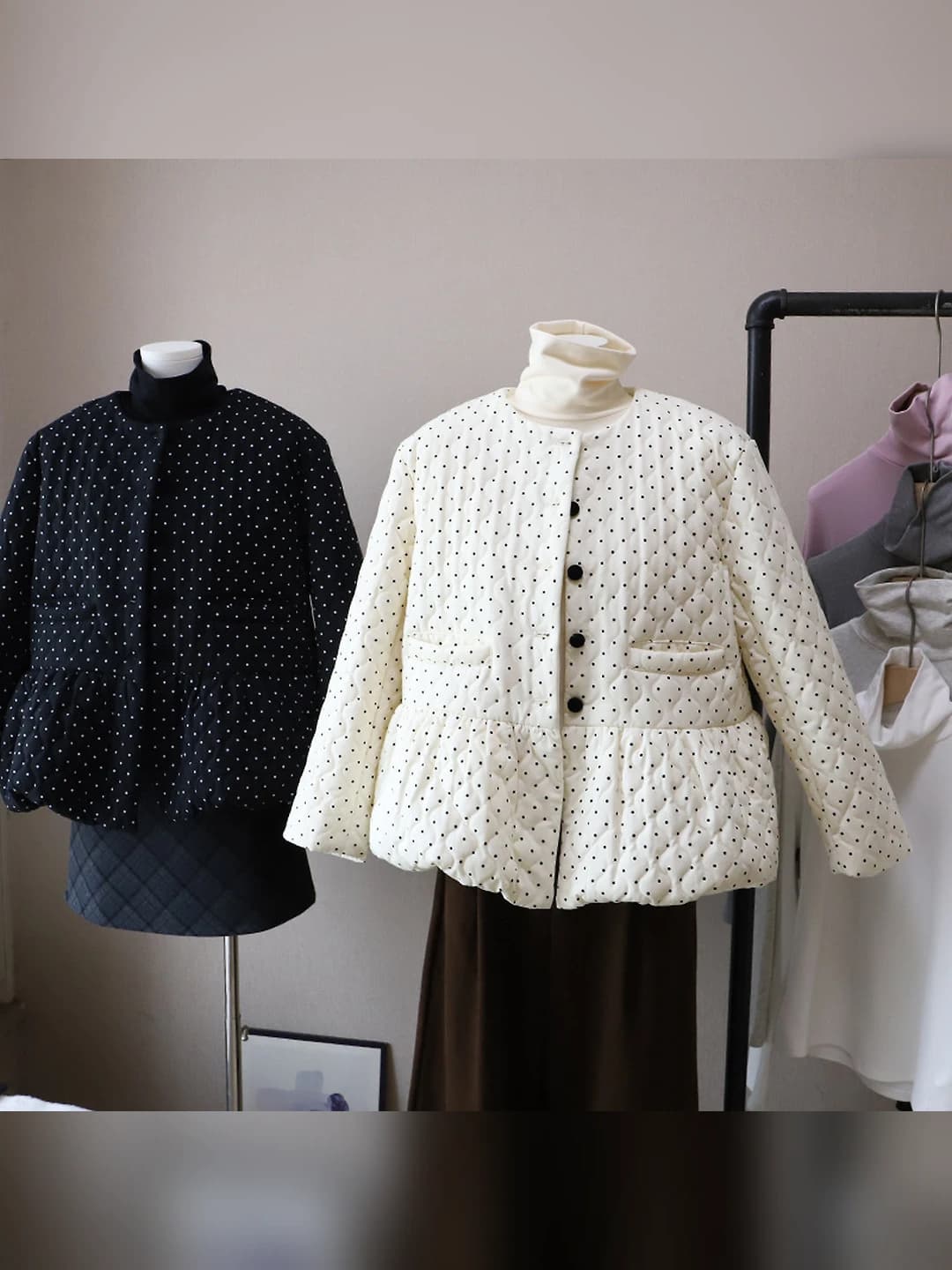 Women's padded winter jacket 2026 Korean style, crew neck, long sleeve, loose fit, polka dot pattern, thick