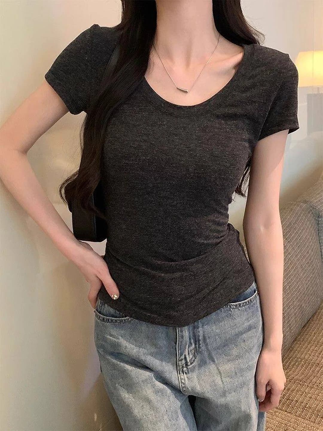 Women's crew neck short sleeve t-shirt, slim fit, solid colour, slimming, 2026
