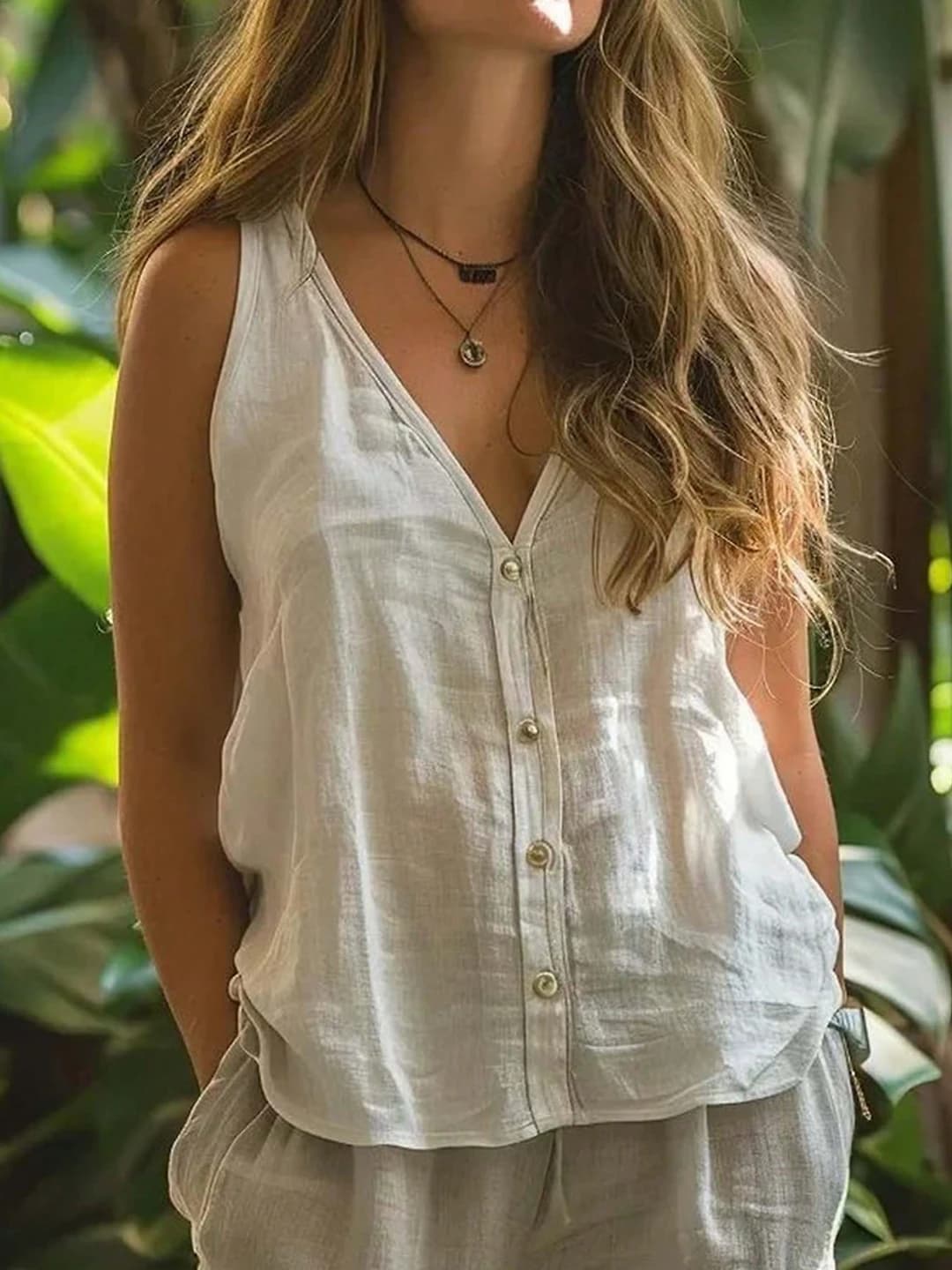Women's summer sleeveless V-neck button-up loose fit top