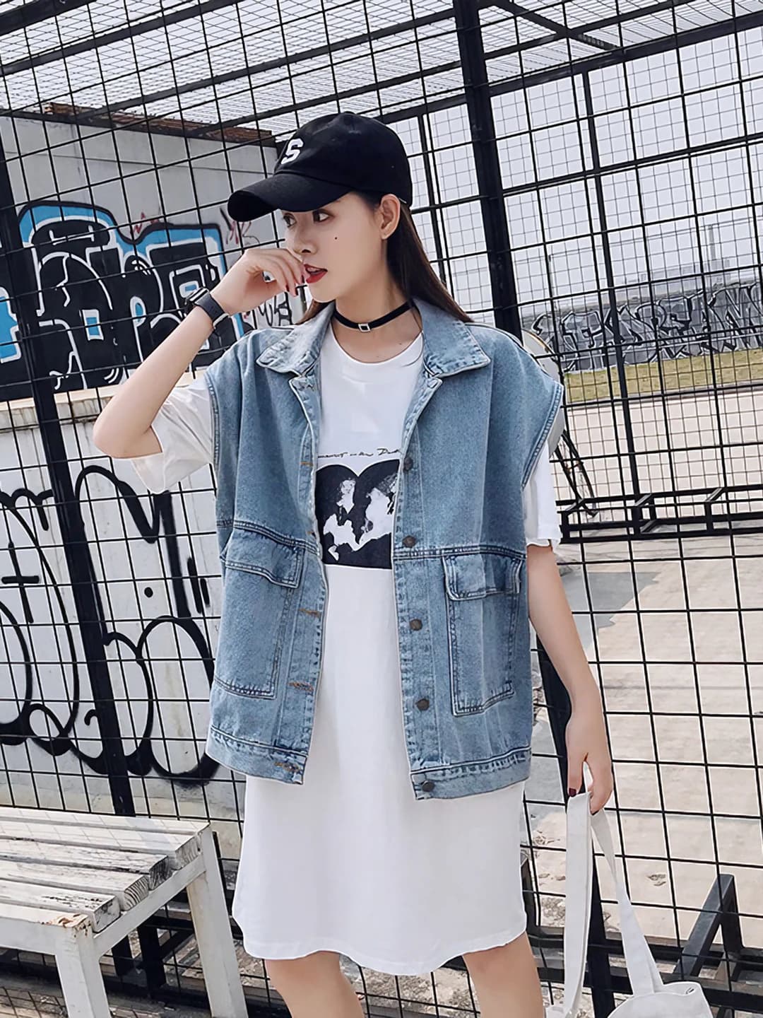 Women's denim vest, spring-autumn, Korean style, loose fit, sleeveless, lapel collar, solid colour