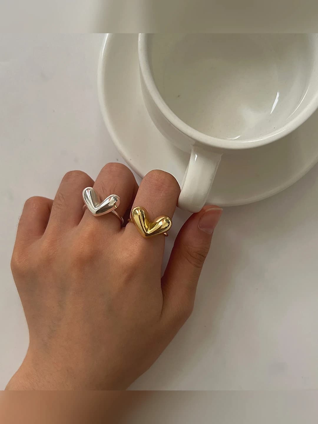Women's simple 3D heart open ring, adjustable, fashionable and versatile