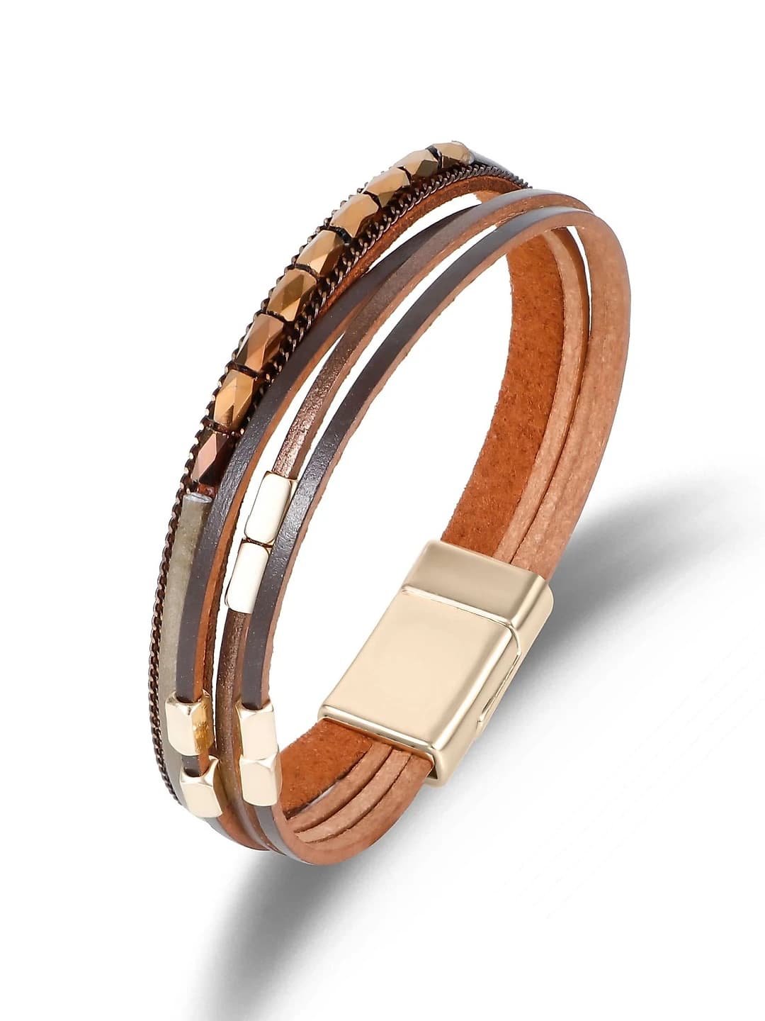 Women's boho style multi-layered leather and metal bead bracelet