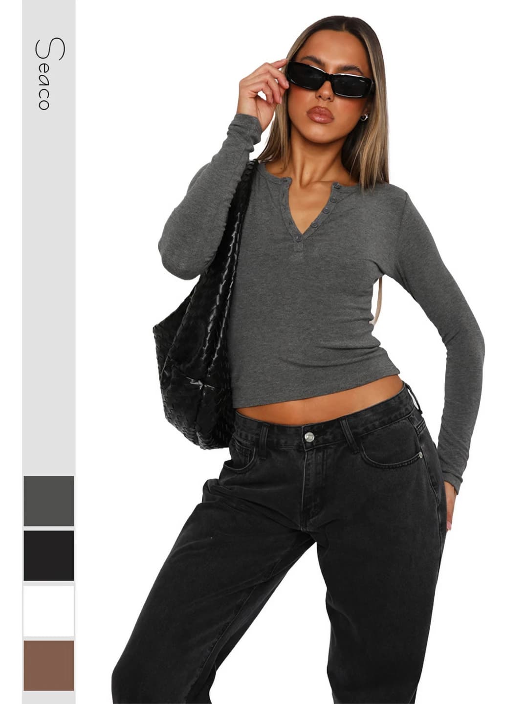 Women's long sleeve cropped knit cardigan, slim fit, solid colour, slimming, casual style