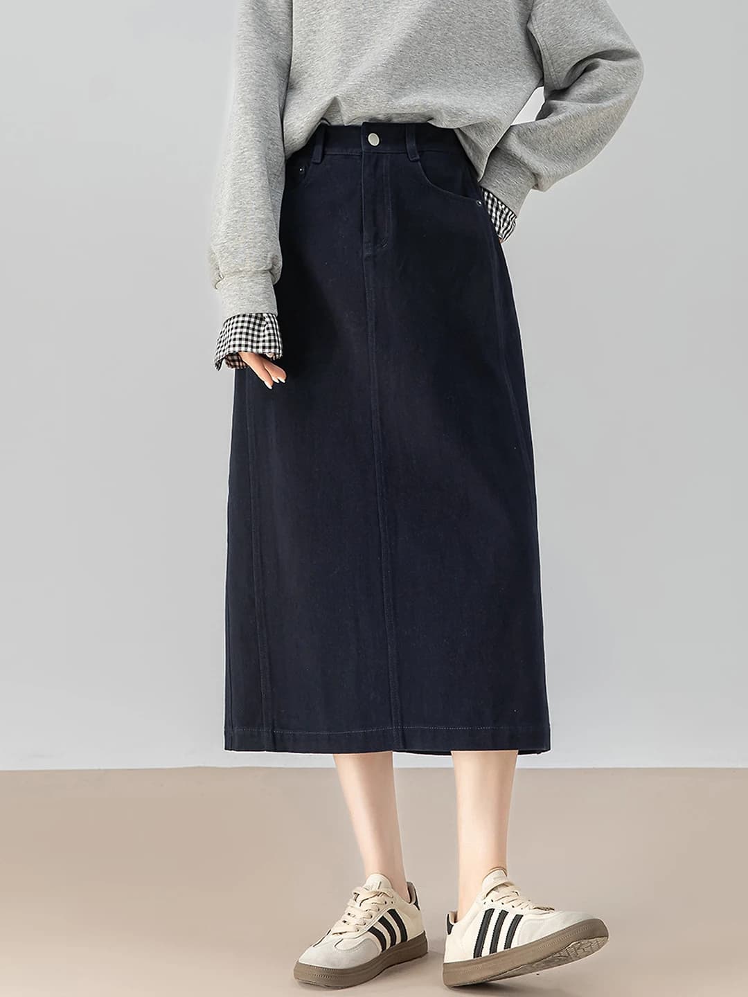Women's denim skirt: high waist, mid-length, A-line, casual, retro, slimming, stretch, spring-autumn