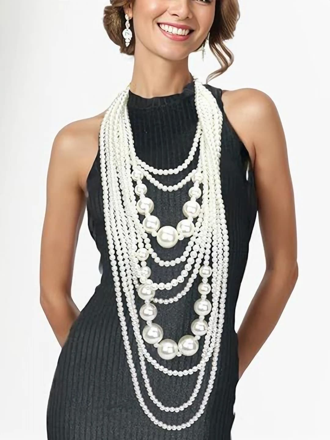 Women's long multi-strand beaded pearl necklace, geometric design, 81 cm and above