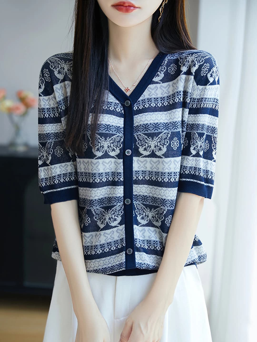 Women's short sleeve crew neck loose fit cardigan