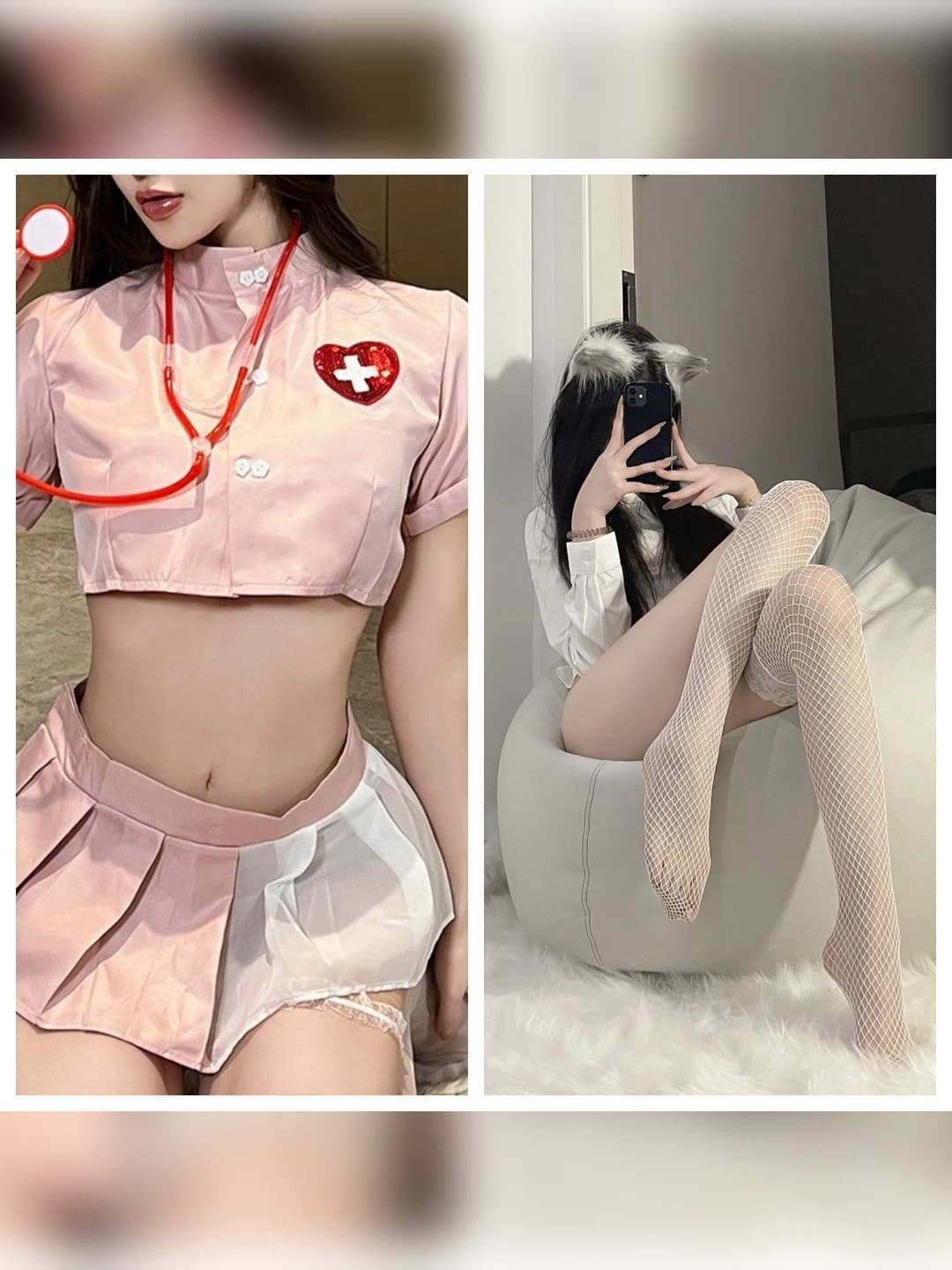 Pink nurse + white fishnet stockings