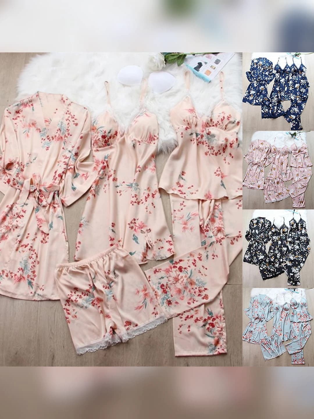 Women's 5-piece home set: robe, camisole, bra, shorts and nightgown, with bra pads, faux silk