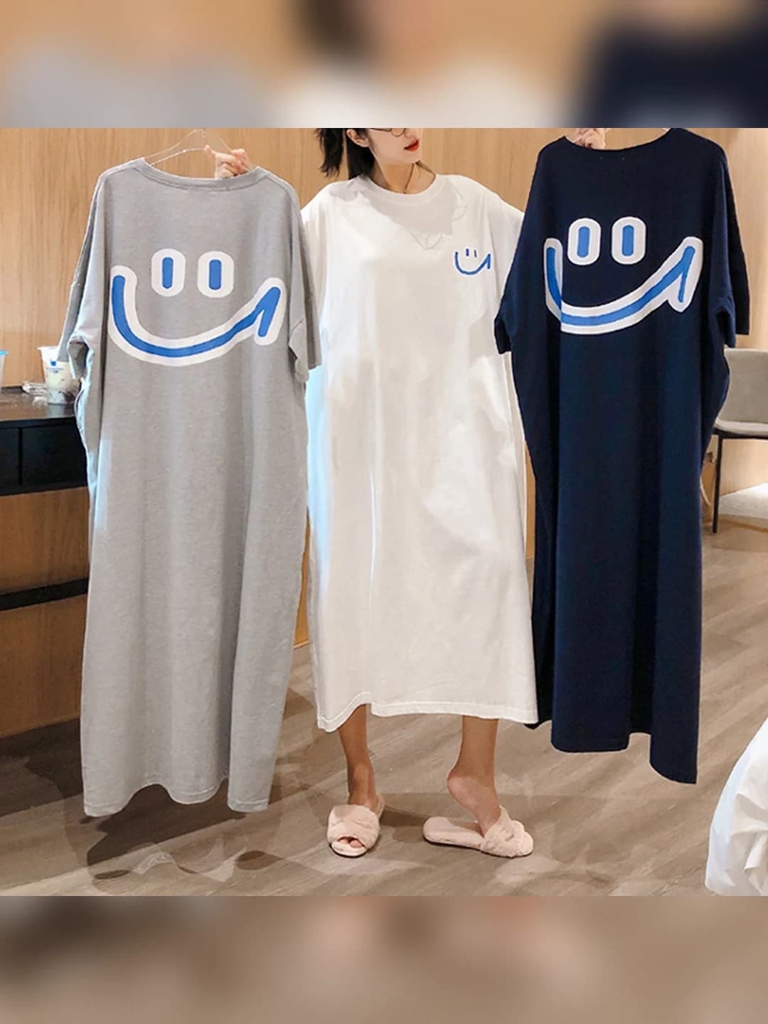 Women's summer t-shirt dress, plus size, loose fit, crew neck, short sleeve, long, printed, mid-length, with slit